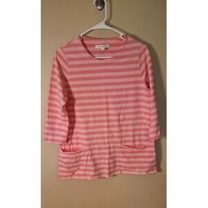 Appleseeds Pink Striped 3/4 Sleeve Cotton Knit Top with Pockets Womens Size M